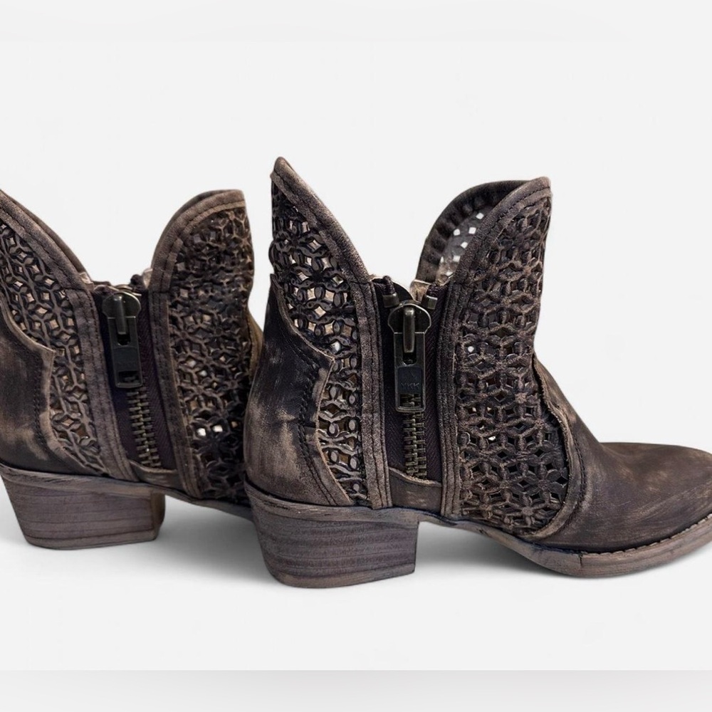 Women's Brown Perforated Leather Ankle Boots with Side Zip - Picture 3 of 7
